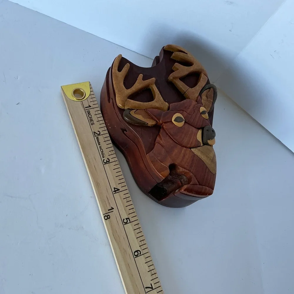 Vintage Buck Head Puzzle‎ Box Wooden Intarsia Deer Trinket Hidden Compart